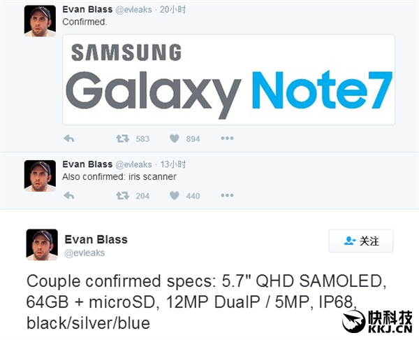 苹果汗颜！三星机皇Note 7配置确定：双摄/虹膜识别